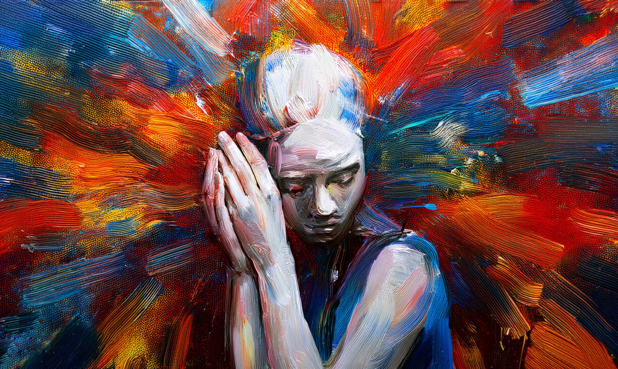 an abstract oil painting of a person experiencing depression and