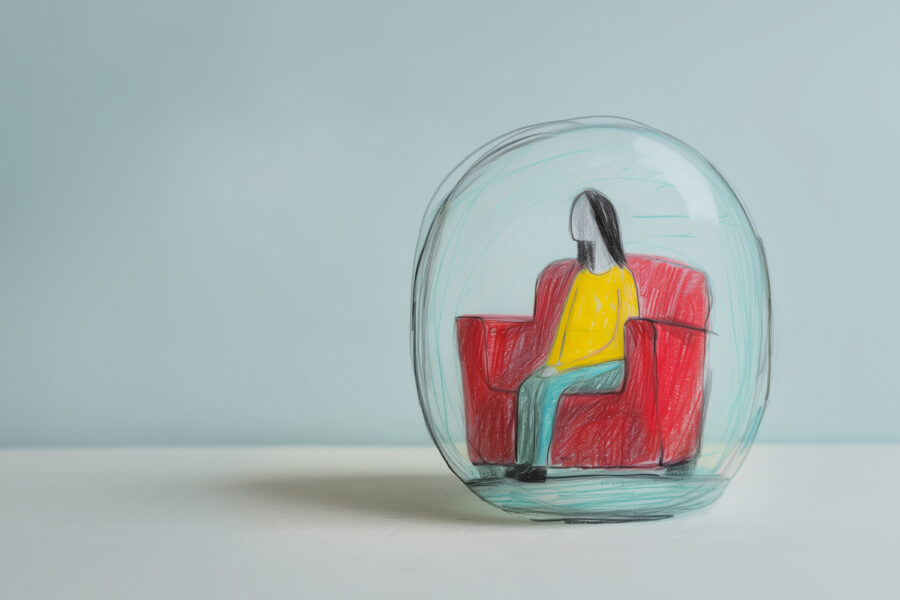 Surreal illustration of a figure sitting alone on a red chair in a glass dome.