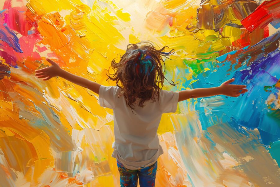 Child with arms outstretched amid vibrant colours.