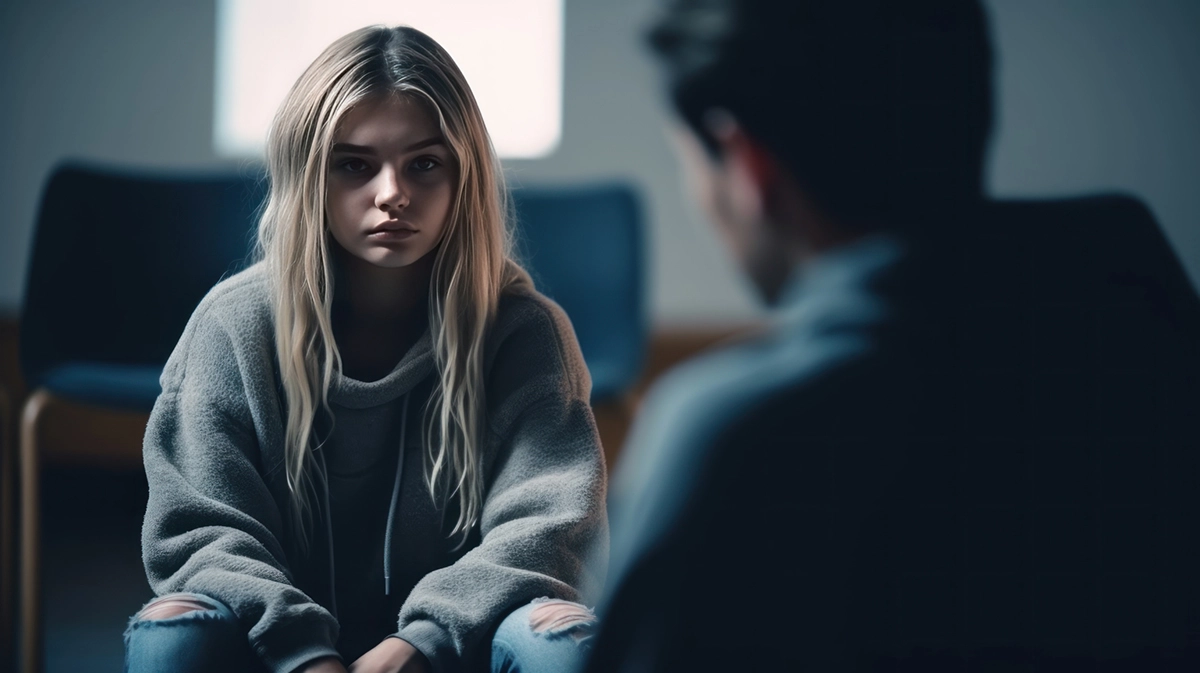 Psychotherapist working with young woman in office.