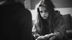 Psychotherapist working with young depressed woman. Black and white.