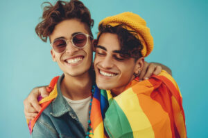 A happy male gay couple donning rainbow flag accessories while hugging,